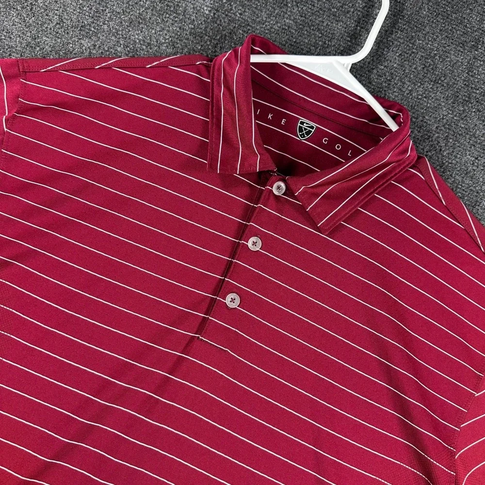 Nike Polo Shirt Mens L Large Red Striped Golf Short Sleeve Dri Fit 231584-642